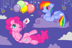 Size: 1038x698 | Tagged: artist needed, safe, pinkie pie, rainbow dash, g4, balloon, cloud, cloudy, female, flying, heart, lesbian, letter, ship:pinkiedash, shipping, stars, then watch her balloons lift her up to the sky
