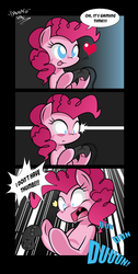 Size: 1618x3200 | Tagged: safe, artist:danmakuman, pinkie pie, earth pony, pony, g4, controller, dexterous hooves, dun dun dun, female, heart, joystick, sega genesis, shocked, shrunken pupils, solo, tongue out, video game