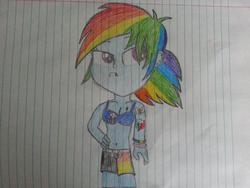 Size: 1024x768 | Tagged: safe, artist:deon miller, rainbow dash, equestria girls, g4, alternate hairstyle, belly button, boxers, clothes, earring, lip piercing, tattoo, underwear, wristband