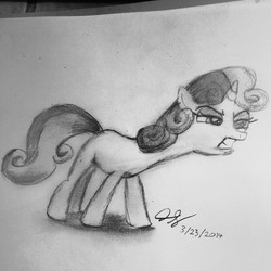 Size: 640x640 | Tagged: safe, artist:jstuart2006, sweetie belle, for whom the sweetie belle toils, g4, angry, female, monochrome, pencil drawing, pouting, ribbon, scene, sketch, solo, traditional art