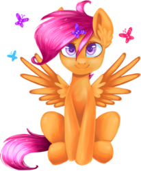 Size: 1024x1244 | Tagged: safe, artist:voilet14, scootaloo, butterfly, pegasus, pony, g4, colored pupils, cute, cutealoo, female, filly, heart eyes, simple background, sitting, solo, spread wings, transparent background, wingding eyes, wings