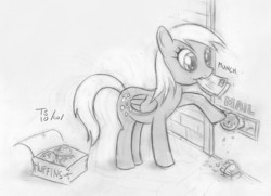 Size: 900x650 | Tagged: safe, artist:tommysimms, derpy hooves, pegasus, pony, g4, /co/, artifact, eating, female, letter, mare, monochrome, mouth hold, muffin, nom, solo, traditional art