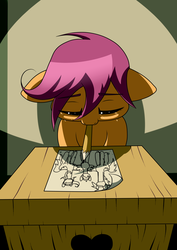 Size: 2480x3507 | Tagged: safe, artist:torifeather, scootaloo, g4, abandoned, alone, crying, drawing, high res, mouth hold, orphan, pencil, sad, scootalone, scootasad