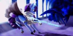 Size: 2500x1229 | Tagged: safe, artist:atvve, princess luna, rarity, g4, butt, light, magic, plot, sword, weapon