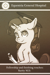 Size: 1280x1920 | Tagged: safe, artist:espeon, rarity, ask surgeon rarity, g4, diploma, female, looking at you, misleading thumbnail, not a penis, portrait, sitting, smiling, solo
