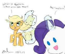 Size: 1024x853 | Tagged: safe, artist:nadaazahraa, applejack, rarity, g4, duo, hatless, marshmallow, missing accessory, misspelling, rarity is a marshmallow