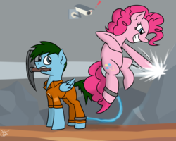 Size: 1280x1024 | Tagged: safe, artist:elzielai, pinkie pie, oc, earth pony, pegasus, pony, g4, duo, mouth hold, pickaxe, prison, punch, security camera, shackles