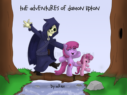 Size: 722x540 | Tagged: safe, artist:mr-101, berry punch, berryshine, ruby pinch, human, g4, fanfic art, fanfic cover, skeleton, trio