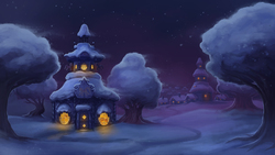 Size: 2880x1620 | Tagged: safe, artist:cmaggot, rarity, sweetie belle, pony, unicorn, g4, carousel boutique, cute, detailed, eyes closed, featured image, female, filly, house, lidded eyes, mare, night, prone, scenery, scenery porn, sisters, smiling, snow, winter