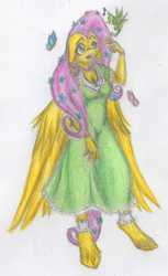 Size: 1456x2381 | Tagged: safe, artist:nekotigerfire, fluttershy, anthro, g4, clothes, dress, female, flower in hair, solo, traditional art