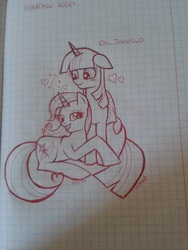 Size: 1920x2560 | Tagged: safe, artist:artcrousauders, trixie, twilight sparkle, alicorn, pony, g4, blushing, female, graph paper, heart, lesbian, mare, ship:twixie, shipping, solo, traditional art, twilight sparkle (alicorn)