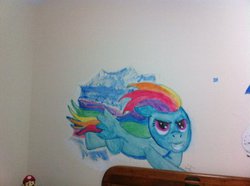 Size: 400x298 | Tagged: safe, rainbow dash, pegasus, pony, g4, flying, graffiti, super mario bros., tail, wall, windswept mane, windswept tail
