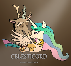 Size: 933x857 | Tagged: safe, artist:greenlinzerd, discord, princess celestia, g4, caption, eyes closed, female, hug from behind, male, opinion, ship:dislestia, shipping, spread wings, straight, text