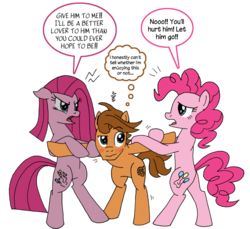 Size: 935x855 | Tagged: safe, artist:greenlinzerd, pinkie pie, oc, oc:ginger snap (browniecomicwriter), pony, g4, alternate cutie mark, angry, bipedal, blushing, canon x oc, dialogue, duality, female, male, not sure if want, pinkamena diane pie, self ponidox, shipping, simple background, straight, thought bubble, transparent background