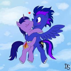 Size: 2000x2000 | Tagged: safe, artist:daskshine, oc, oc only, oc:dask shine, oc:skynight star, base used, blushing, flying, gay, heart, high res, kissing, male, shipping, sky, spread wings, unexpected