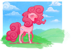 Size: 1158x818 | Tagged: safe, artist:cmaggot, pinkie pie, earth pony, pony, g4, cloud, cloudy, female, grass, grass field, mare, open mouth, sky, solo, standing