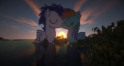 Size: 1920x1018 | Tagged: safe, artist:notjake, artist:rainbowderp98, rainbow dash, soarin', pony, g4, female, kissing, male, minecraft, minecraft pixel art, pixel art, ship:soarindash, shipping, straight, sunset