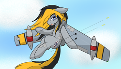 Size: 1280x731 | Tagged: safe, artist:rubi, oc, oc only, original species, plane pony, pony, bullet, cloud, cloudy, f-86 sabre, flying, plane, sky, wings