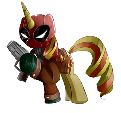 Size: 813x759 | Tagged: safe, artist:supermare, sunset shimmer, pony, unicorn, g4, batman, batman: under the red hood, female, gun, jason todd, red hood, solo