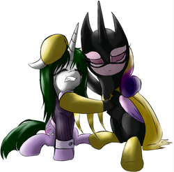 Size: 856x843 | Tagged: safe, artist:supermare, princess cadance, twilight sparkle, alicorn, pony, unicorn, g4, batgirl, batman, batman beyond: return of the joker, crying, robin, tim drake