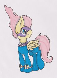 Size: 1024x1401 | Tagged: safe, artist:pprinceran, fluttershy, saddle rager, g4, my little pony: friendship is magic, power ponies (episode), clothes, costume, female, power ponies, solo, traditional art