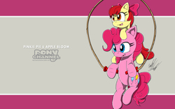 Size: 1920x1200 | Tagged: safe, artist:fuzon-s, apple bloom, pinkie pie, pony, a friend in deed, g4, adorabloom, apple bloom riding pinkie pie, crossover, cute, diapinkes, fuzon is trying to murder us, happy, jump rope, jumping, ponies riding ponies, pony channel, pony hat, riding, scene interpretation, sketch, smile song, smiling, sonic channel, sonic the hedgehog (series), style emulation, sweet dreams fuel, wallpaper, yuji uekawa style