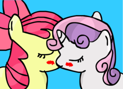 Size: 1040x759 | Tagged: safe, apple bloom, sweetie belle, g4, blushing, female, filly, foal, kissing, lesbian, love, ship:sweetiebloom, shipping