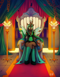 Size: 1936x2500 | Tagged: safe, artist:ms-seven0, queen chrysalis, changeling, changeling queen, anthro, g4, adventure in the comments, chalice, crossed legs, female, solo, throne