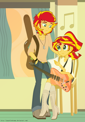 Size: 1304x1867 | Tagged: dead source, source needed, safe, artist:jaquelindreamz, sunset shimmer, equestria girls, g4, belt, binary shimmer, bracelet, chair, ear piercing, earring, equestria guys, female, guitar, half r63 shipping, jewelry, male, music notes, piercing, rule 63, self paradox, selfcest, shipping, straight, sunglare, sunset glare