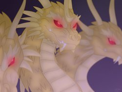 Size: 1032x774 | Tagged: safe, artist:faith-wolff, kaiju, fanfic:the bridge, crossover, evil, ghidorah, godzilla (series), grand king ghidorah, grin, king ghidorah, monster x, multiple heads, red eyes, three heads