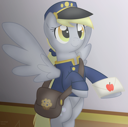 Size: 871x863 | Tagged: safe, artist:faith-wolff, derpy hooves, pegasus, pony, fanfic:the bridge, g4, clothes, crossover, cute, fanfic, female, godzilla (series), mailmare, mare, story included, uniform