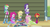 Size: 842x461 | Tagged: safe, screencap, applejack, fluttershy, pinkie pie, rainbow dash, rarity, sunset shimmer, equestria girls, g4, my little pony equestria girls: rainbow rocks, boots, clothes, denim skirt, female, fetal position, high heel boots, humane five, skirt, sunsad shimmer