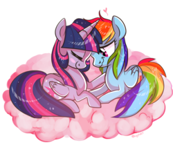 Size: 1000x839 | Tagged: dead source, safe, artist:suzuii, rainbow dash, twilight sparkle, alicorn, pony, g4, blushing, cloud, female, happy, heart, lesbian, love, mare, ship:twidash, shipping, simple background, transparent background, twilight sparkle (alicorn)