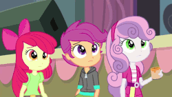 Size: 619x348 | Tagged: safe, screencap, apple bloom, scootaloo, sweetie belle, equestria girls, g4, my little pony equestria girls: rainbow rocks, animated, cutie mark crusaders, female