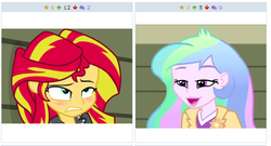 Size: 518x280 | Tagged: safe, screencap, princess celestia, principal celestia, sunset shimmer, derpibooru, equestria girls, g4, my little pony equestria girls: rainbow rocks, cutie mark accessory, exploitable meme, juxtaposition, juxtaposition win, meme, meta