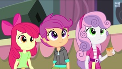 Size: 1136x640 | Tagged: safe, screencap, apple bloom, scootaloo, sweetie belle, equestria girls, g4, my little pony equestria girls: rainbow rocks, cutie mark crusaders, hasbro gaming