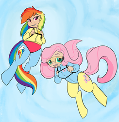 Size: 1280x1306 | Tagged: safe, artist:mt, fluttershy, rainbow dash, satyr, g4, clothes, goggles, leotard, parachute, satyrized, skydiving