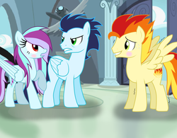 Size: 1023x796 | Tagged: safe, artist:rulette, soarin', oc, oc:crisp breeze, oc:fire glare, g4, blushing, female, male, oc x oc, offspring, offspring shipping, parent:braeburn, parent:rainbow dash, parent:soarin', parent:spitfire, parents:soarindash, parents:spitburn, shipping, straight