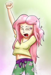 Size: 931x1366 | Tagged: safe, artist:schizophrenicghost, fluttershy, human, g4, belly button, clothes, female, humanized, midriff, morning human, morning ponies, shirt, solo, waking up