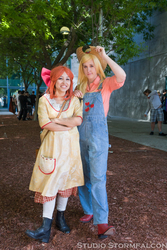 Size: 2252x3377 | Tagged: safe, artist:lil-kute-dream, artist:rappydemon, apple bloom, applejack, human, g4, 2012, cosplay, fanimecon, irl, irl human, overalls, photo