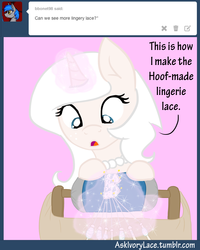 Size: 1600x2000 | Tagged: safe, artist:ivorylace, artist:katiespalace, oc, oc only, oc:ivory lace, pony, unicorn, ask, clothes, lace, lingerie, magic, solo, tumblr