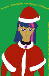 Size: 2130x3313 | Tagged: safe, artist:stormfalcon, twilight sparkle, human, g4, christmas, female, green background, hat, high res, holiday, humanized, looking at you, santa hat, simple background, solo