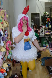 Size: 727x1098 | Tagged: safe, artist:aleriavilrath, artist:erdbeerprinz, pinkie pie, human, galacon, galacon 2014, g4, animal costume, chicken pie, chicken suit, clothes, convention, cosplay, costume, irl, irl human, nightmare night, photo, solo