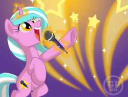 Size: 638x488 | Tagged: safe, artist:trish forstner, oc, oc only, oc:mane event, pony, unicorn, bronycon, badge, bronycon mascots, con badge, microphone, solo