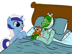 Size: 900x675 | Tagged: safe, artist:aa, minuette, oc, oc:anon, human, pony, unicorn, g4, bed, costanza face, teddy bear