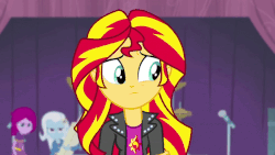 Size: 900x506 | Tagged: safe, screencap, fuchsia blush, sunset shimmer, trixie, equestria girls, g4, my little pony equestria girls: rainbow rocks, animated, background human, female, sad, trixie and the illusions