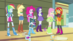 Size: 1280x720 | Tagged: safe, screencap, applejack, fluttershy, pinkie pie, rainbow dash, rarity, sunset shimmer, equestria girls, g4, my little pony equestria girls: rainbow rocks, female, tissue