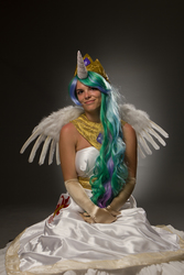 Size: 2000x3000 | Tagged: safe, artist:diamondxfire, princess celestia, human, g4, anime north, clothes, cosplay, evening gloves, high res, irl, irl human, off shoulder, photo, solo