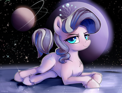 Size: 1998x1515 | Tagged: safe, artist:gsphere, diamond tiara, earth pony, pony, g4, female, looking at you, lying down, mare, planet, solo, space, stars, unshorn fetlocks