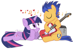 Size: 1000x675 | Tagged: safe, artist:dm29, flash sentry, twilight sparkle, alicorn, pony, g4, electric guitar, female, guitar, heart, male, mare, musical instrument, serenade, ship:flashlight, shipping, simple background, straight, transparent background, twilight sparkle (alicorn)